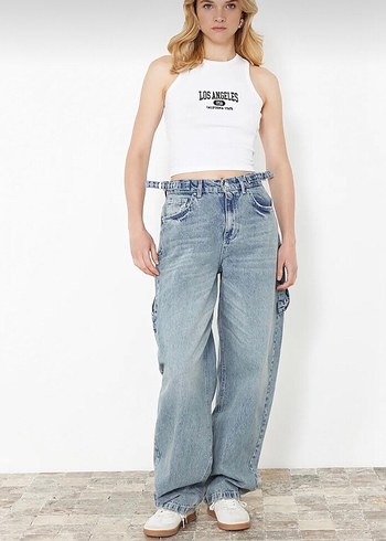 Beyaz Bağcıklı Loose Fit Midi Kot Pantolon
