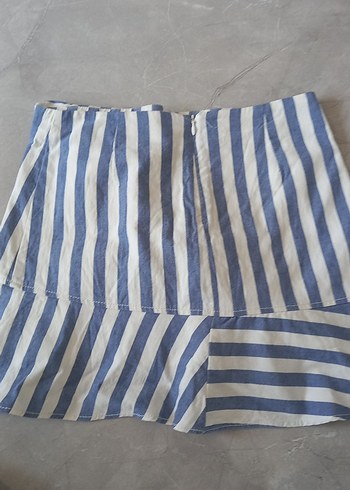 s Beden Mavi Çizgili Keten Pilili Mini Etek