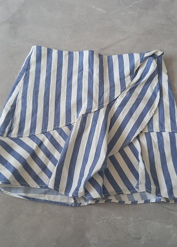 Mavi Çizgili Keten Pilili Mini Etek