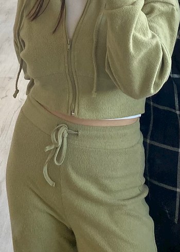 Kızlar için Fermuarlı Haki Sweatpant ve Üst Takım