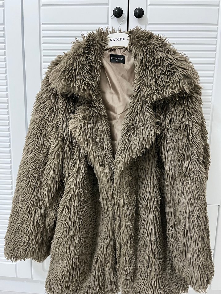Bohem Tarzı Kahverengi Suni Kürk Midi Mont - Görsel 2