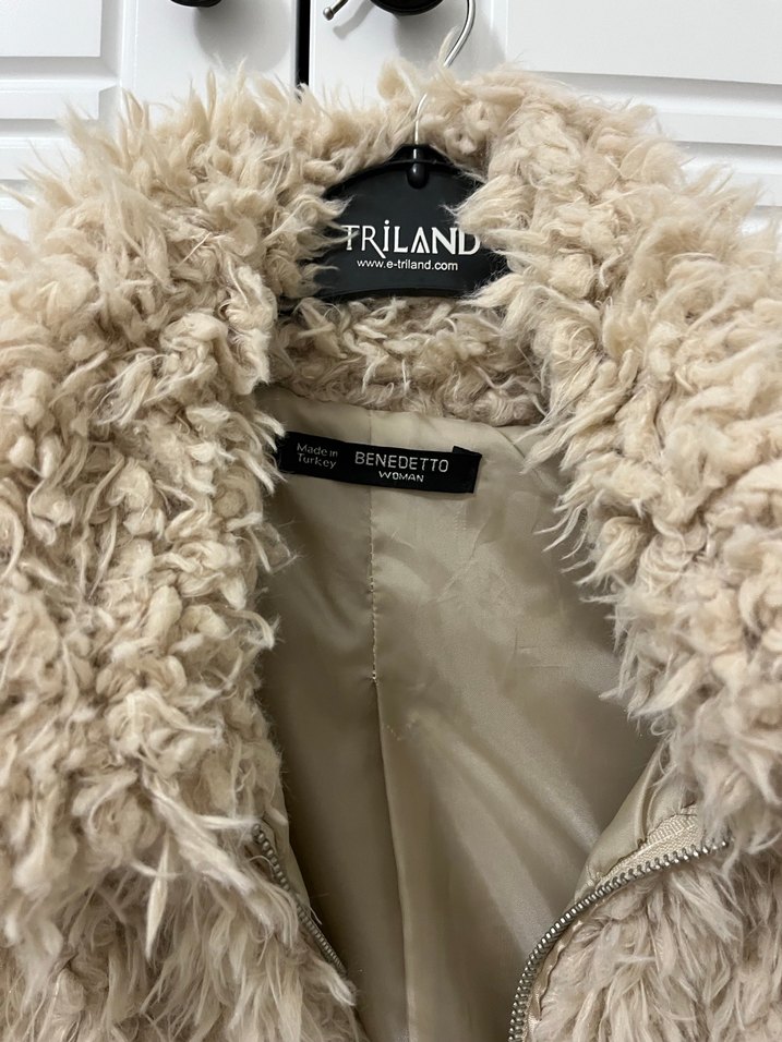 Bej Kadın Suni Kürk Midi Ceket - Görsel 3