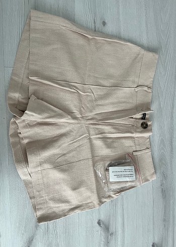 Yüksek Bel Keten Bej Mini Şort - Görsel 2