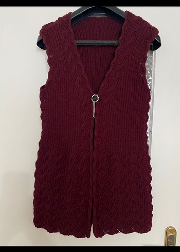 Bordo V Yaka Örgü Kadın Yelek - Görsel 2