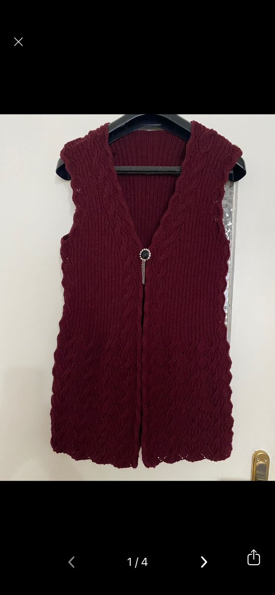 Bordo V Yaka Örgü Kadın Yelek - Görsel 2