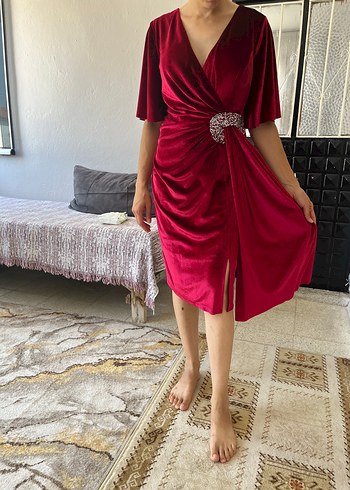 Bordo V Yaka Midi Kadın Elbise