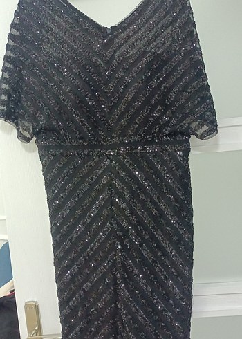 Siyah V Yakalı Uzun Drapeli Abiye Elbise - Görsel 5