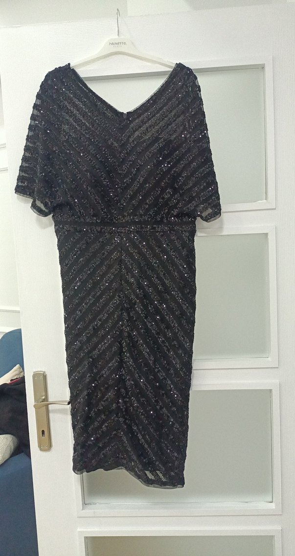 Siyah V Yakalı Uzun Drapeli Abiye Elbise - Görsel 2