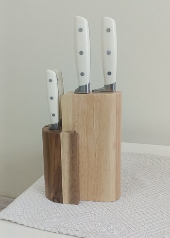 Beyaz Saplı Mutfak Bıçak Seti ve Ahşap Stand - Görsel 5