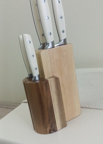 Beden Beyaz Saplı Mutfak Bıçak Seti ve Ahşap Stand