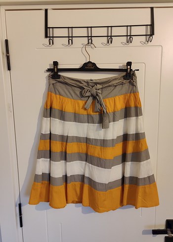 Herry Düğmeli Sarı Gri Çizgili Bohem Midi Etek - Görsel 2