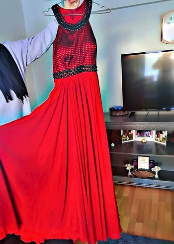 İnci İşlemeli Pembe Uzun Abiye Elbise - Görsel 3