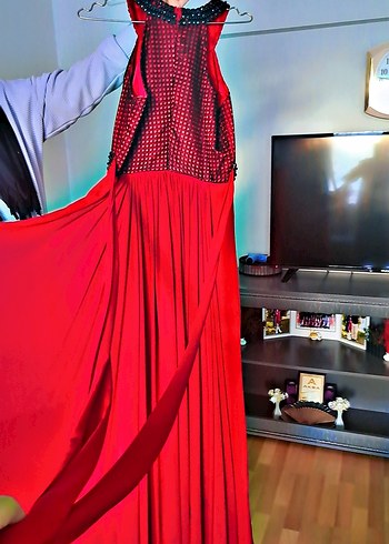 İnci İşlemeli Pembe Uzun Abiye Elbise - Görsel 4