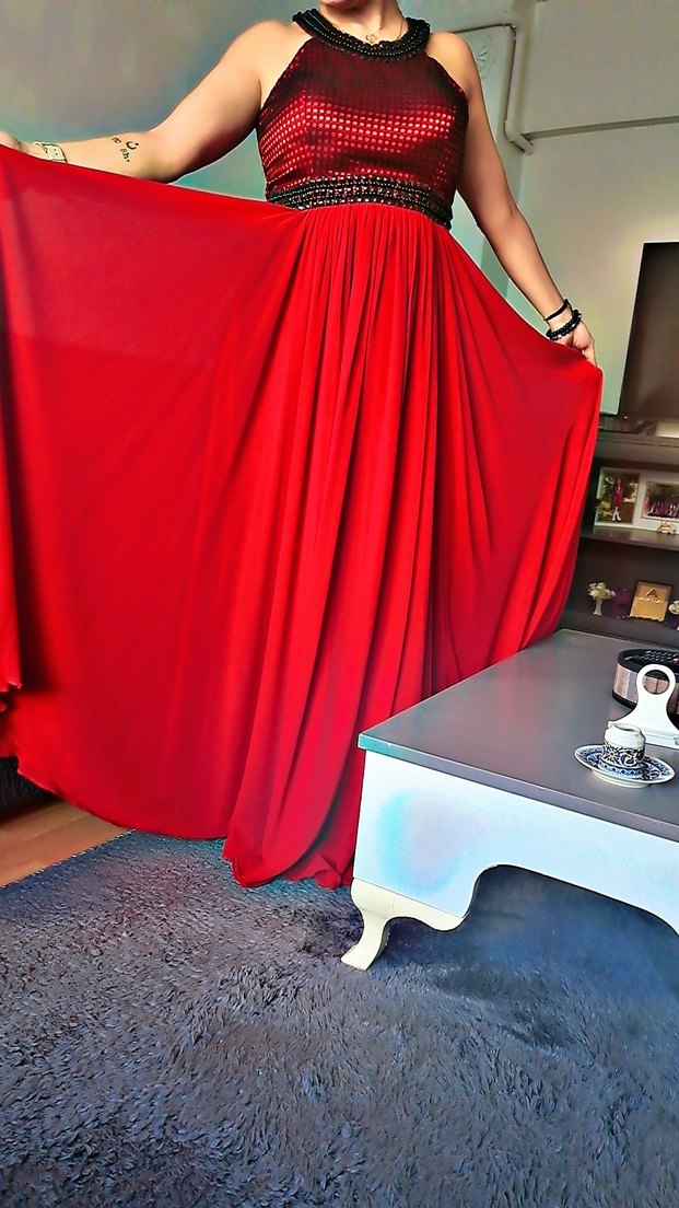 İnci İşlemeli Pembe Uzun Abiye Elbise - Görsel 2