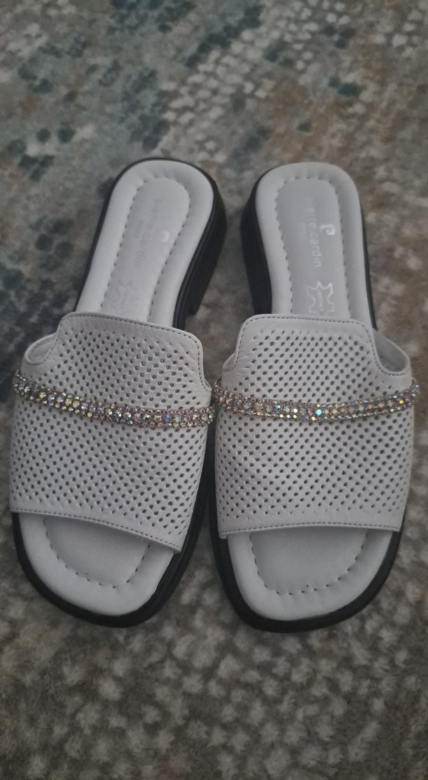 Pierre Cardin beyaz kadın taşlı kadin terliği - Görsel 2