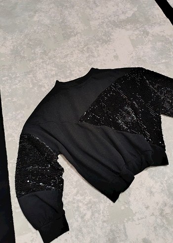 m Beden Siyah Payetli Oversize Sweatshirt