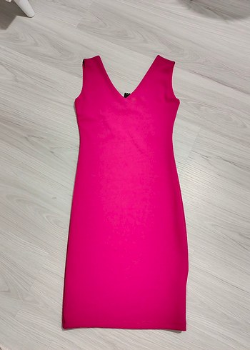 Pembe V Yakalı Midi Abiye Elbise