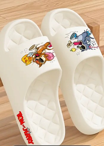 Beyaz Tom ve Jerry Baskılı Platform Terlik