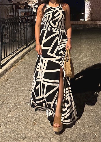 28 Beden Siyah Beyaz Zebra Desenli Uzun Elbise s/m uyumlu