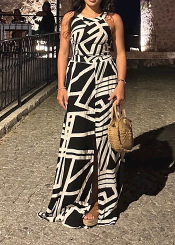 Siyah Beyaz Zebra Desenli Uzun Elbise s/m uyumlu