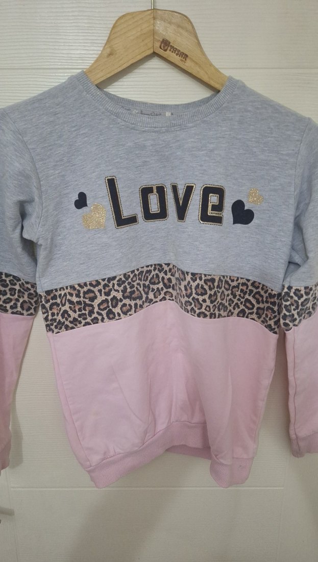 Kız Çocuk Gri-Pembe Desenli Sweatshirt - Görsel 4