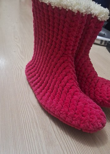 Pembe Örgü Sıcak Ev Terliği - Görsel 4