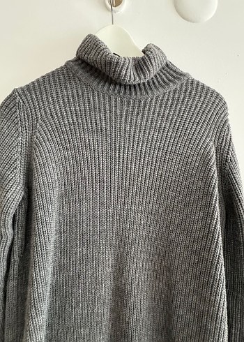 Gri Yüksek Yakalı Triko Uzun Elbise - Görsel 4