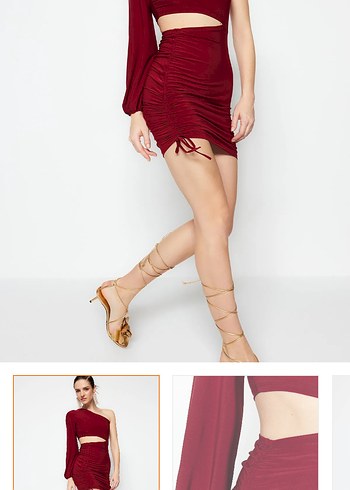Bordo Drapeli Mini Tek Kollu Elbise