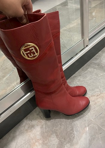 Fendi içi dışı deri bordo taşlı çizme