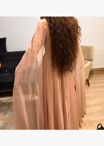 Bej Nakışlı Uzun Kollu Kadın Abiye Elbise - Görsel 2