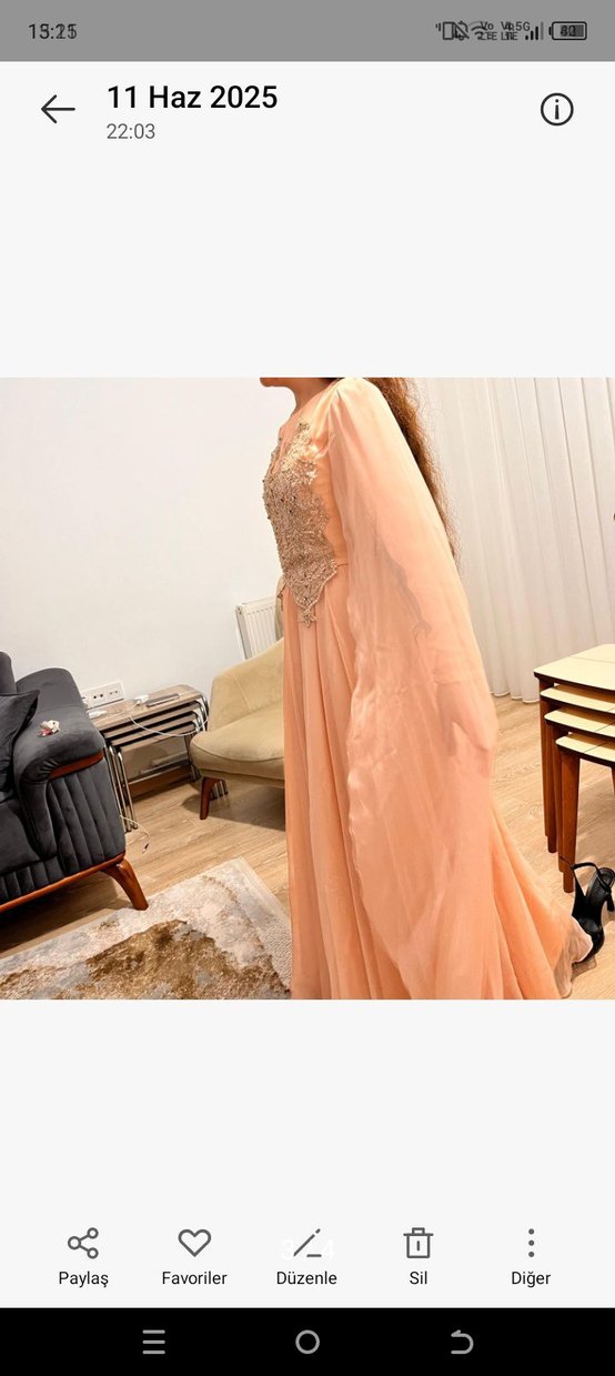 Bej Nakışlı Uzun Kollu Kadın Abiye Elbise - Görsel 3