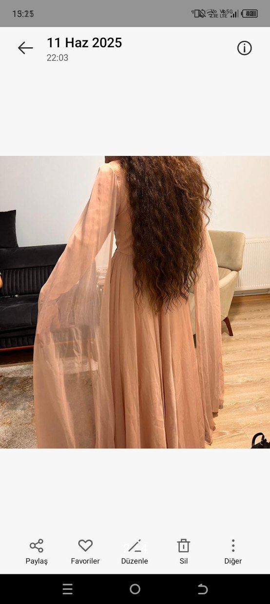 Bej Nakışlı Uzun Kollu Kadın Abiye Elbise - Görsel 2