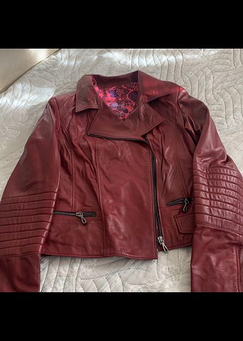 l Beden Bordo Deri Biker Ceket Kadın