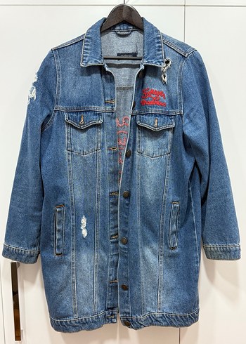 Nakışlı Düğmeli Mavi Kadın Denim Ceket - Görsel 2