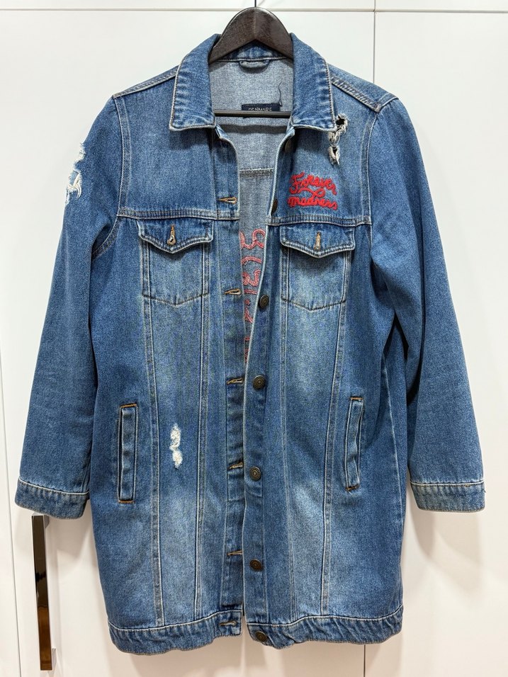 Nakışlı Düğmeli Mavi Kadın Denim Ceket - Görsel 2