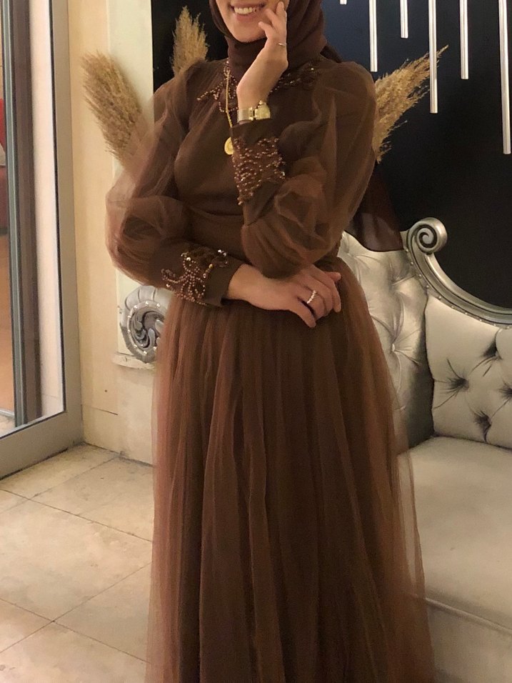 Uzun Kahverengi Etnik Desenli Henna Elbise - Görsel 2