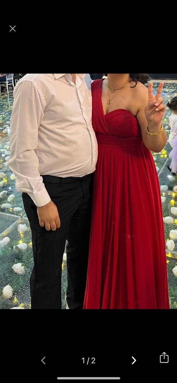 Kırmızı Drapeli Uzun Straplez Abiye Elbise - Görsel 2