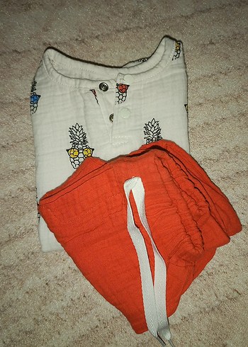 Müslin kumaş Nakışlı Kısa Kollu Bohem Bebek Takımı - Görsel 6