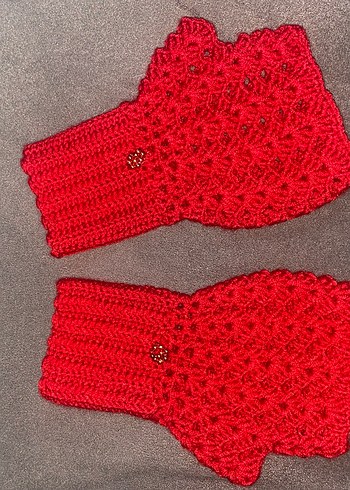 Kırmızı Örgü Bohem Kadın Eldiveni - Görsel 2