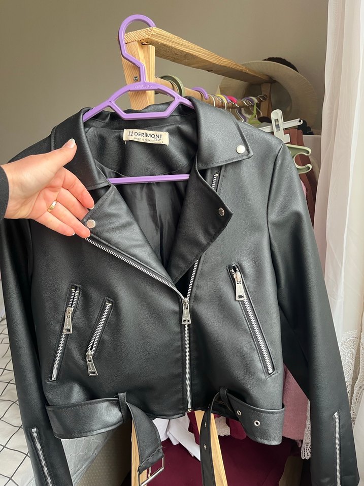 Kadın Siyah Deri Biker Ceket derimont - Görsel 2