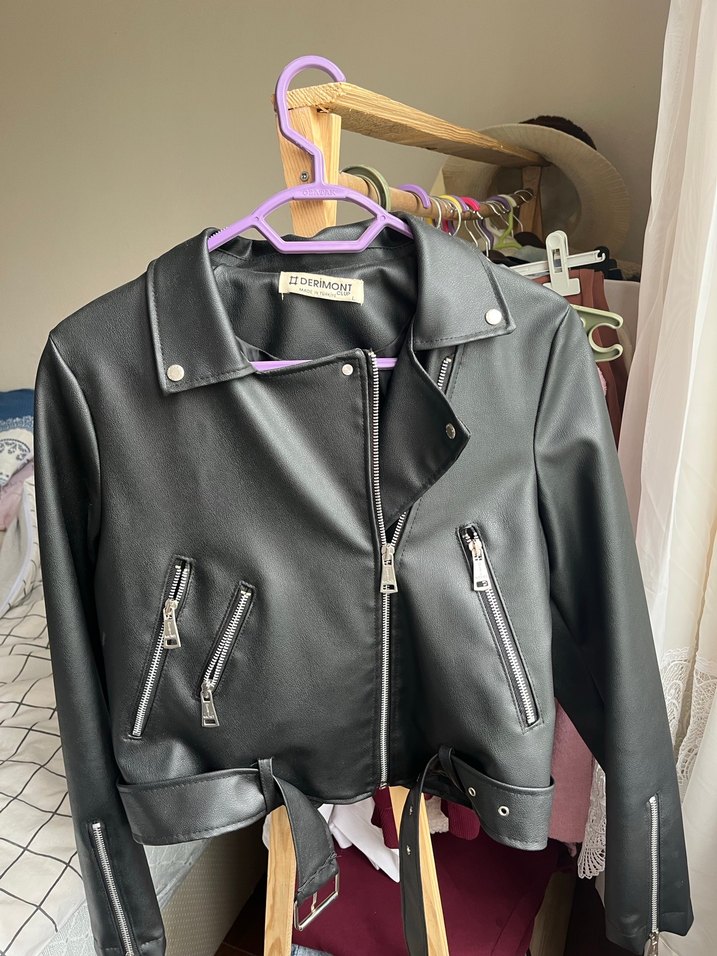 Kadın Siyah Deri Biker Ceket derimont - Görsel 3