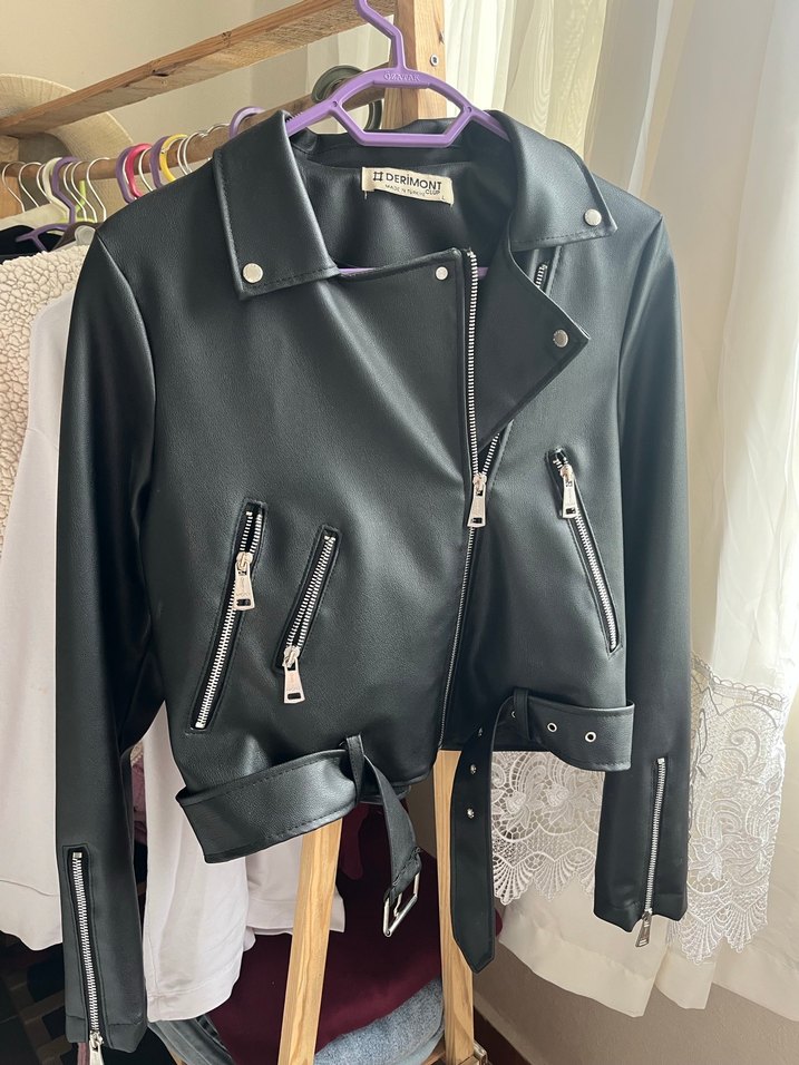 Kadın Siyah Deri Biker Ceket derimont - Görsel 5