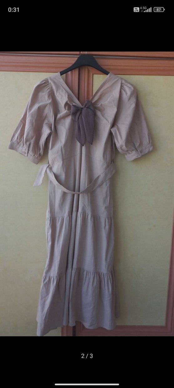 Bej Uzun Keten Elbise - Görsel 2