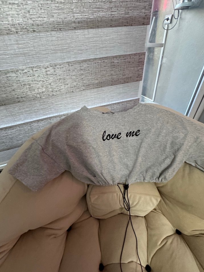 Gri Kısa Kollu Örme Kadın Sweatshirt - Görsel 3