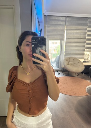 Bej V Yaka Kısa Kollu Salaş Bluz ve alt takım - Görsel 6