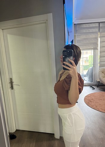 Bej V Yaka Kısa Kollu Salaş Bluz ve alt takım - Görsel 12