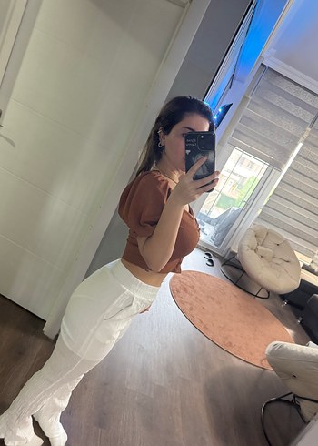 Bej V Yaka Kısa Kollu Salaş Bluz ve alt takım - Görsel 5