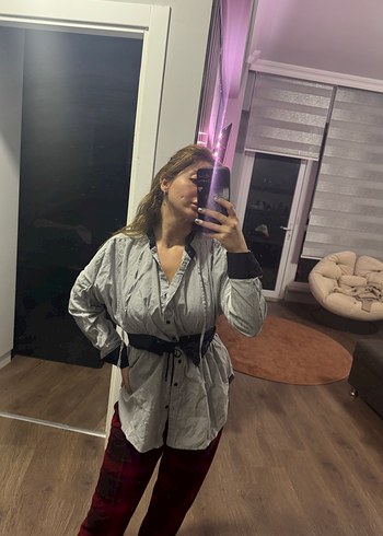 Gri Kemerli Kadın Keten Midi Gömlek - Görsel 9