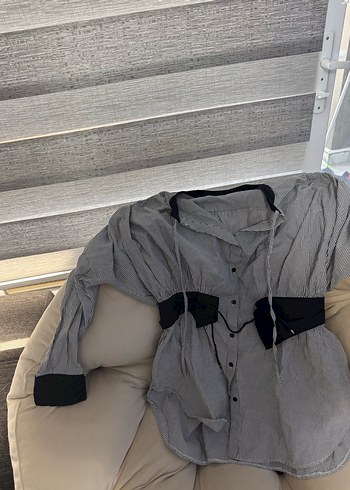 Gri Kemerli Kadın Keten Midi Gömlek - Görsel 3