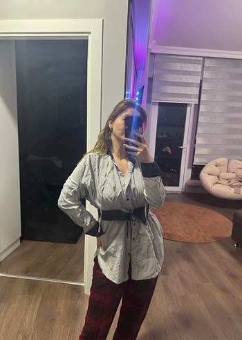 Gri Kemerli Kadın Keten Midi Gömlek - Görsel 8